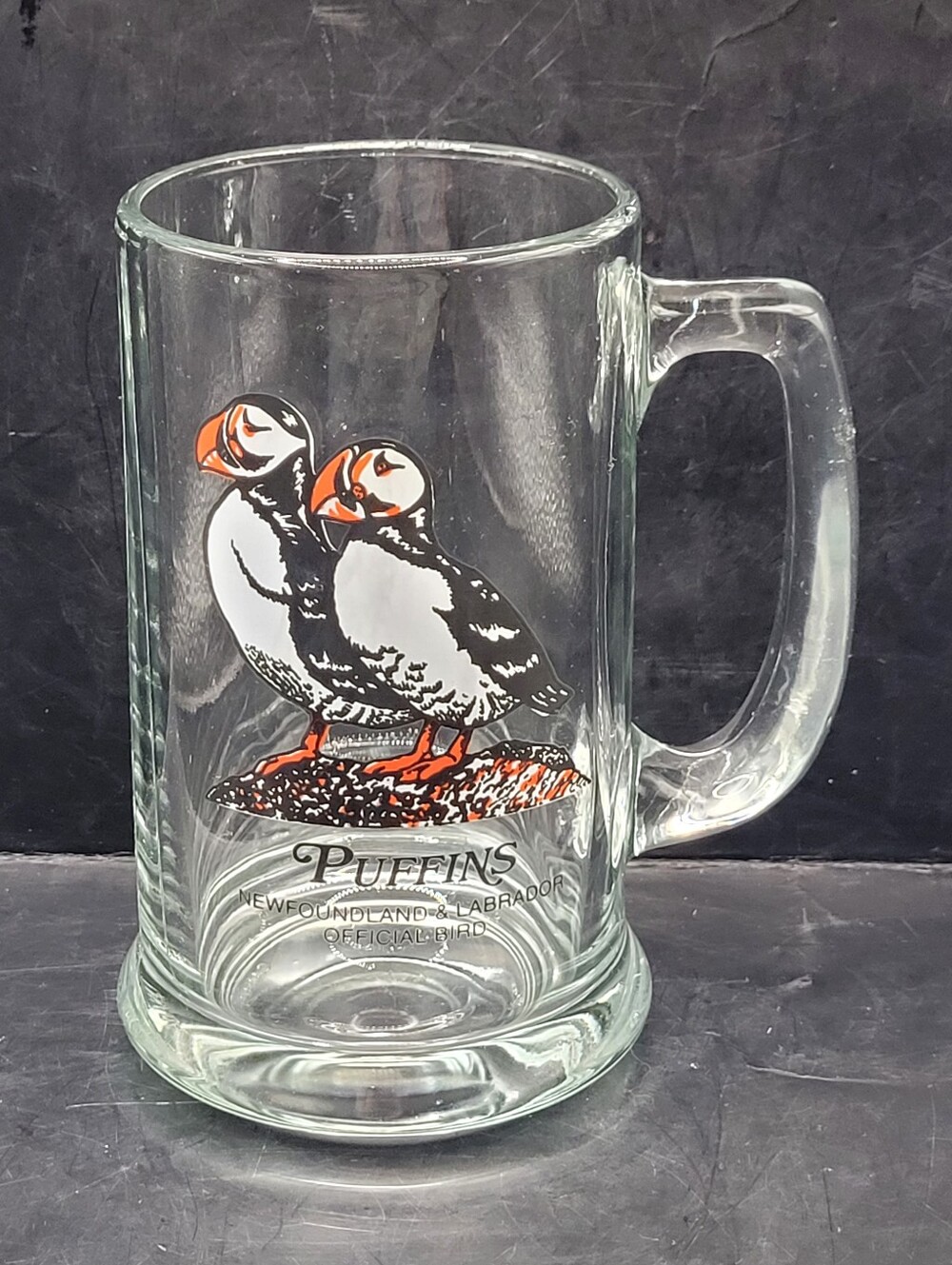 Vintage Newfoundland Puffins Glass Beer Mug Official Bird Canada Souvenir 5.5"